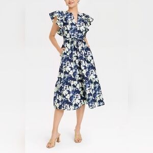 A New Day White and Blue Tiered Midi Dress with Flutter Sleeves